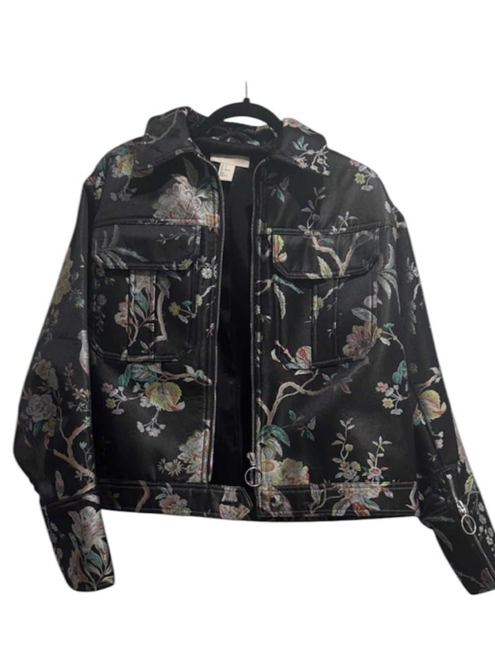 H&M Black Floral Denim Jacket Oversized Cropped Statement Botanical Print - Picture 2 of 7